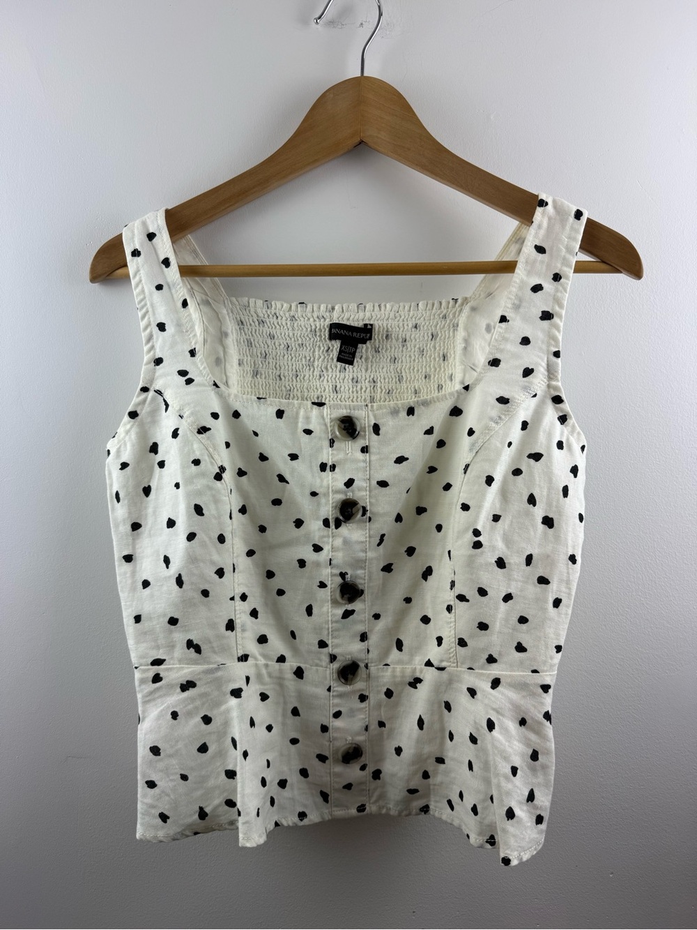 Banana Republic Linen Cotton Smocked Peplum Top Dalmatian Dot White Black XS